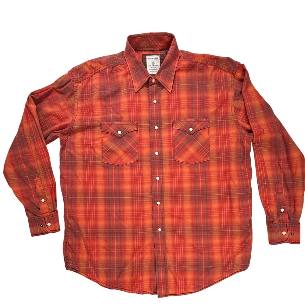 Rough Stock Panhandle Slim Mens XL Orange Red Plaid Western Pearl Snap Shirt